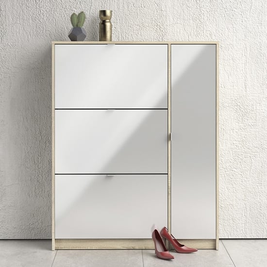 Read more about Shovy white high gloss shoe cabinet in oak with 4 doors 2 layers