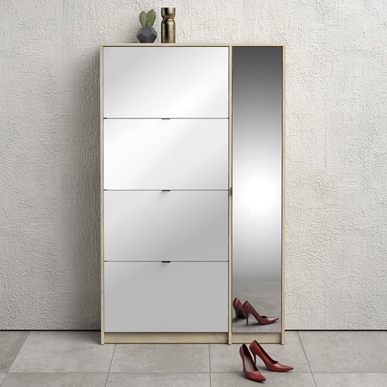 Photo of Shovy white high gloss shoe cabinet in oak with 5 doors 2 layers