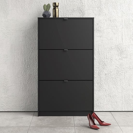 Product photograph of Shovy Wooden Shoe Cabinet In Matt Black With 3 Doors And 2 Layer from Furniture in Fashion