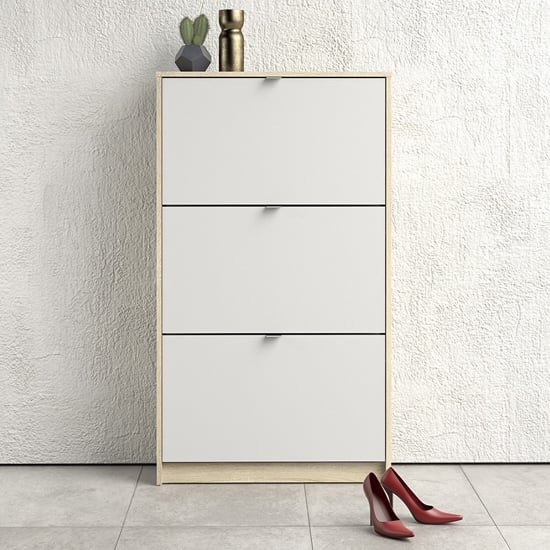 Photo of Shovy wooden shoe cabinet in white and oak with 3 doors 2 layers
