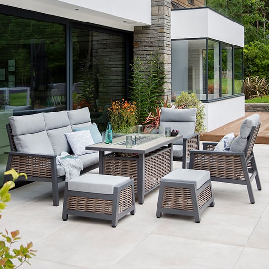 View Silas aluminium lounge dining set with gas firepit table