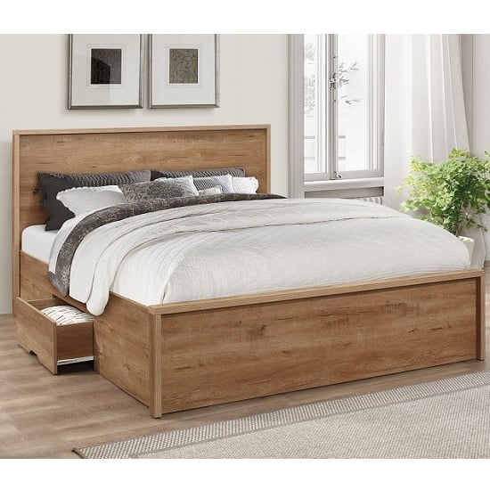 Photo of Silas wooden king size bed in rustic oak effect with 2 drawers