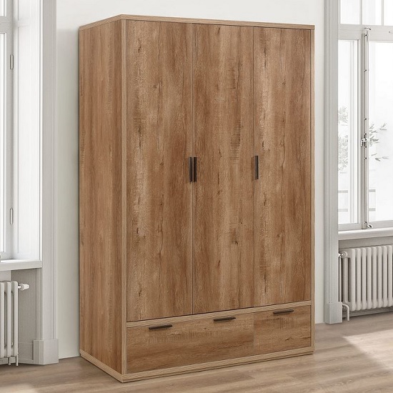 View Silas wooden wardrobe wide in rustic oak effect with 3 doors