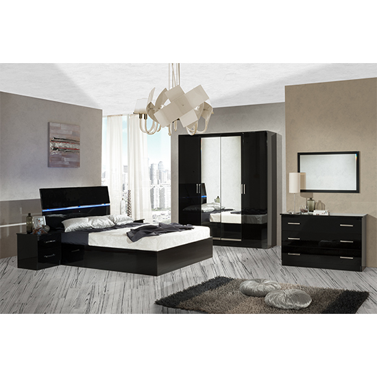 Simona High Gloss Storage King Size Bed In Black With LED | FiF