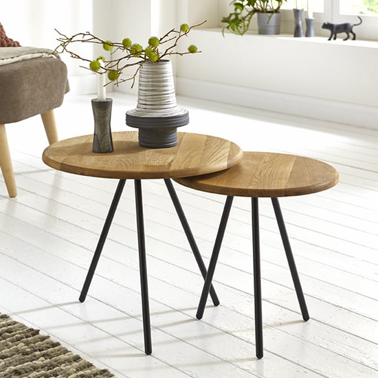 Read more about Simons set of 2 wooden side tables in oak with black metal legs