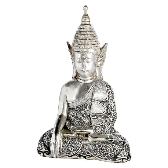 Read more about Sitting buddha poly design sculpture in antique silver