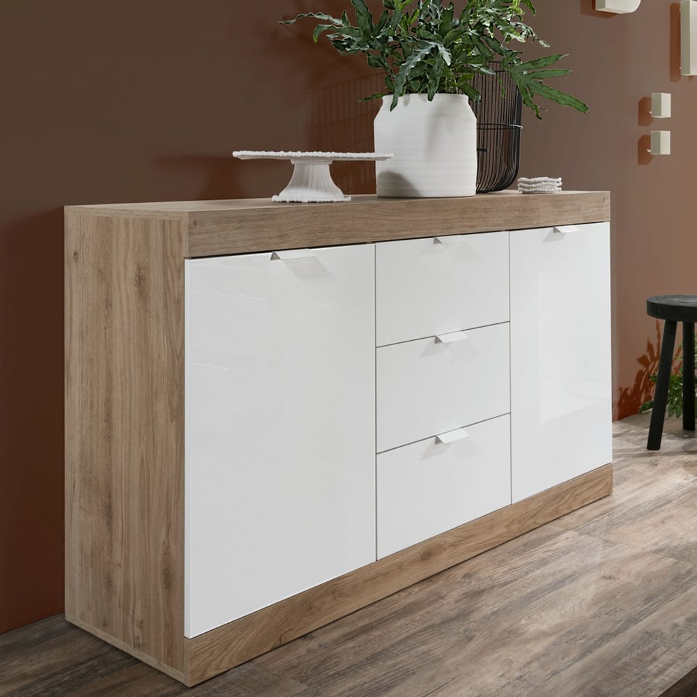 slave small gloss sideboard 2 doors 3 drawers in white and cadiz