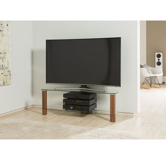 Read more about Clevedon large clear glass tv stand with walnut frame