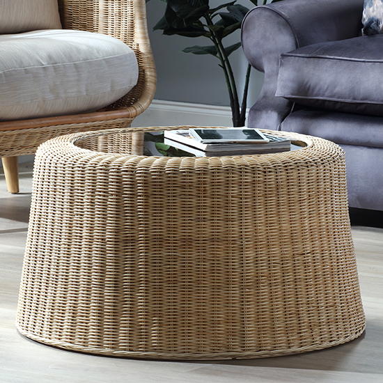 Read more about Sohag woven round clear glass top coffee table with rattan base