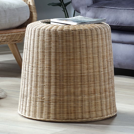Read more about Sohag woven round clear glass top side table with rattan base
