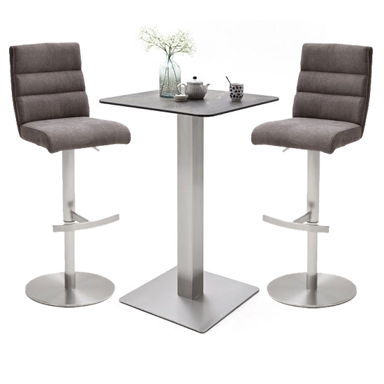 Read more about Soho glass bar table with 2 hiulia brown fabric stools