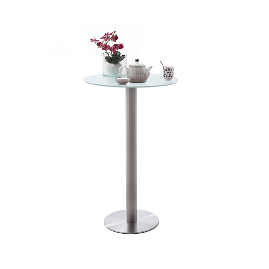 Read more about Soho glass bar table round in matt white and brushed steel base