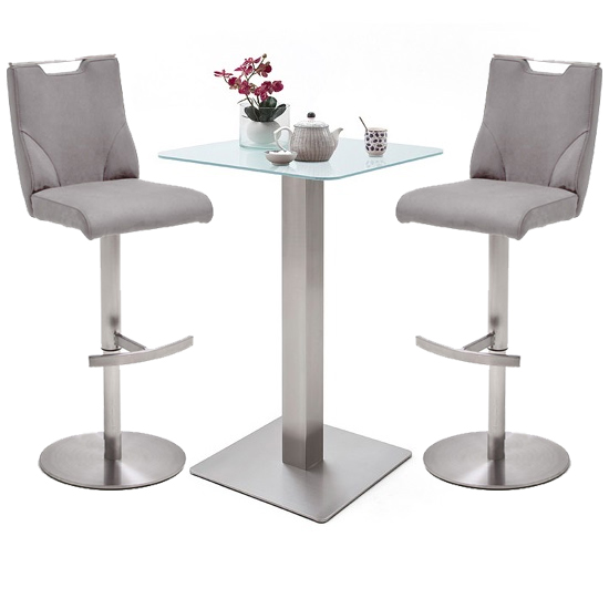 Read more about Solo white glass bar table with 2 jiulia ice grey leather stools