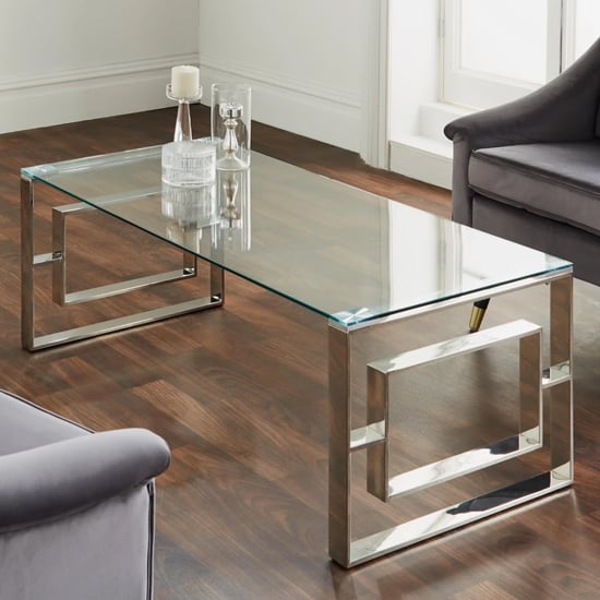Photo of Solana clear glass coffee table with silver metal frame