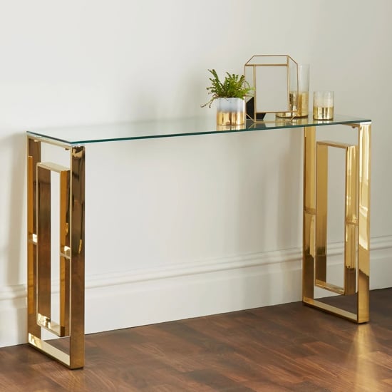 Read more about Solana clear glass console table with gold metal frame