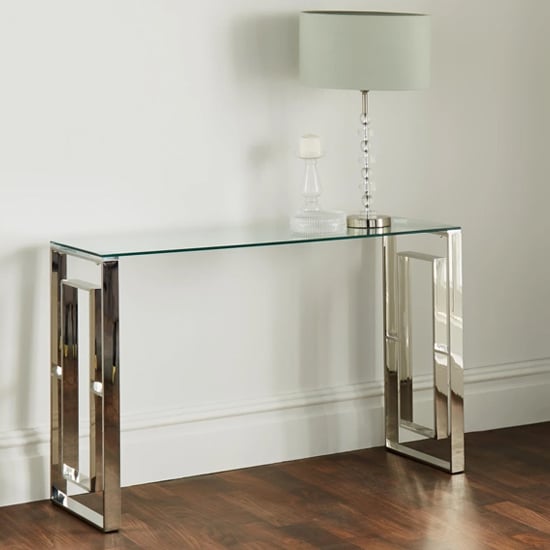 Product photograph of Solana Clear Glass Top Console Table With Silver Frame from Furniture in Fashion