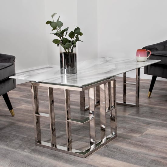 Product photograph of Solana Marble Effect Glass Top Coffee Table With Silver Frame from Furniture in Fashion