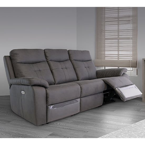 Product photograph of Sotra Fabric Electric Recliner 3 Seater Sofa With Usb In Grey from Furniture in Fashion