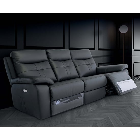 Product photograph of Sotra Faux Leather Electric Recliner 3 Seater Sofa In Charcoal from Furniture in Fashion