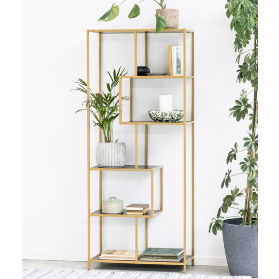 Read more about Sparks ash black wooden 5 shelves display stand in gold frame