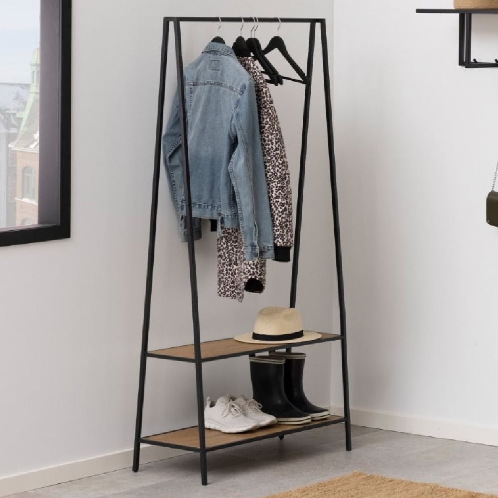 Product photograph of Sparks Wooden Clothes Stand With 2 Shelves In Oak And Black from Furniture in Fashion