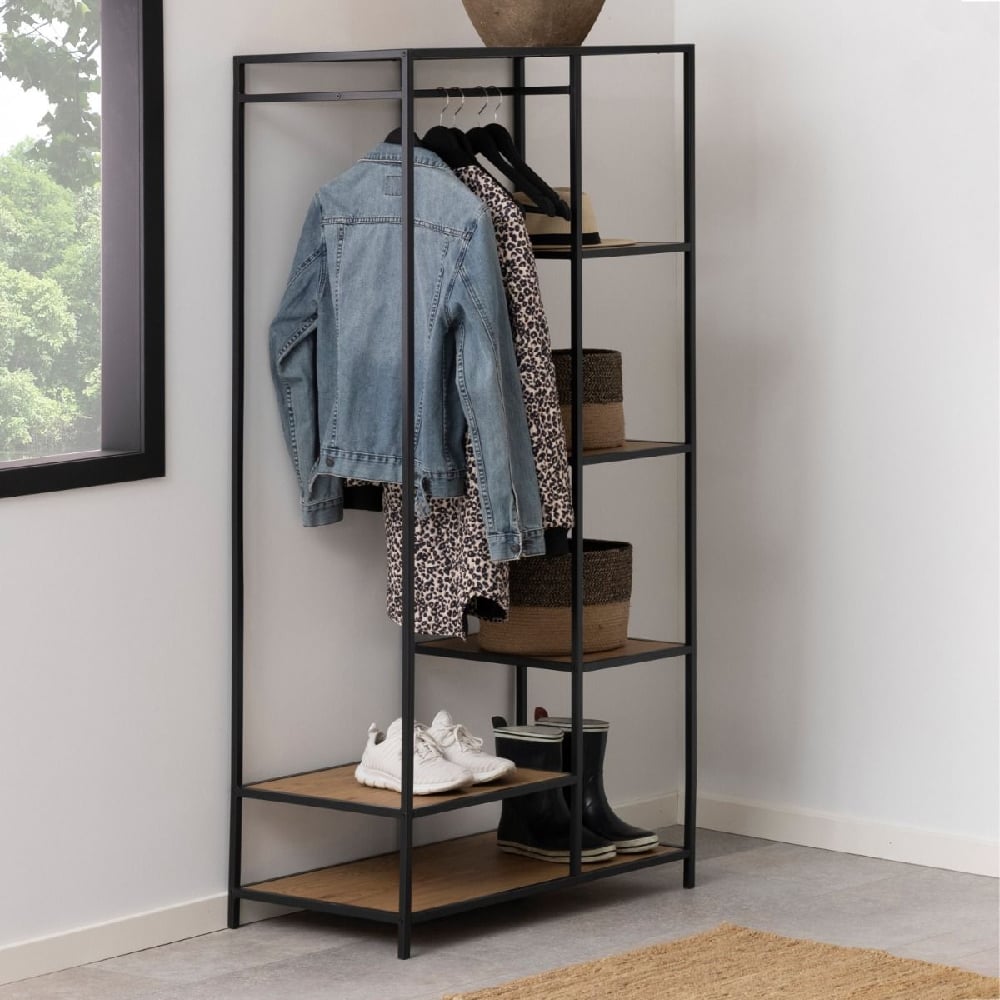 Product photograph of Sparks Wooden Clothes Rack With 5 Shelves In Oak And Black from Furniture in Fashion