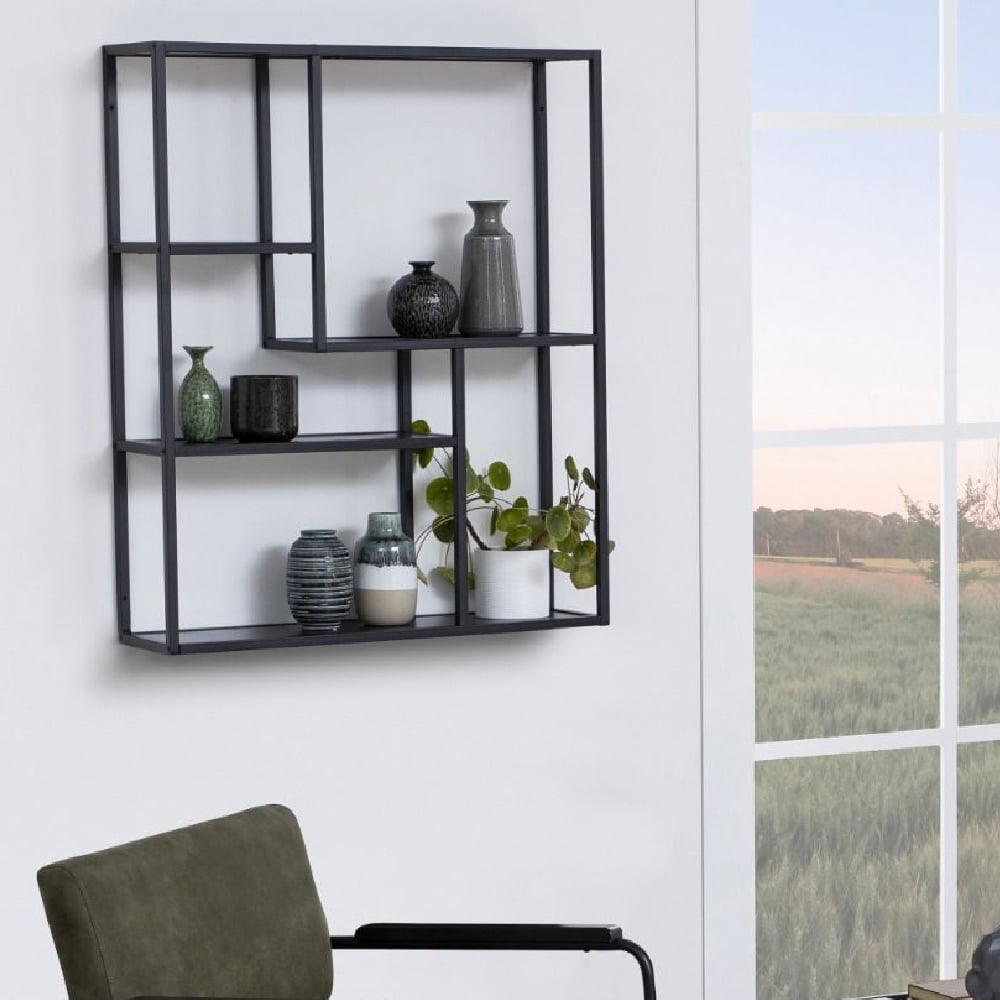 Product photograph of Sparks Wooden Wall Shelf With 4 Shelves In Black from Furniture in Fashion