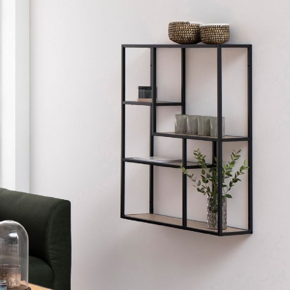 Product photograph of Sparks Wooden Wall Shelf With 4 Shelves In Sonoma Oak And Black from Furniture in Fashion