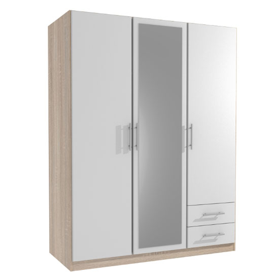 Spectral Mirrored 3 Door Wardrobe In White And Oak With 2 Drawer ...