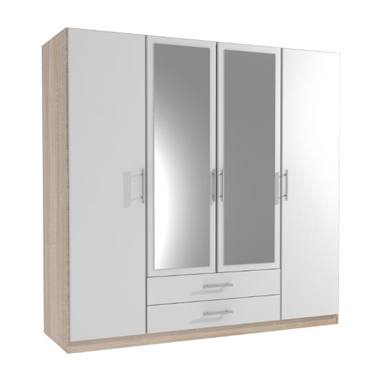 Spectral Mirrored 4 Door Wardrobe In White Oak With 2 Drawer ...