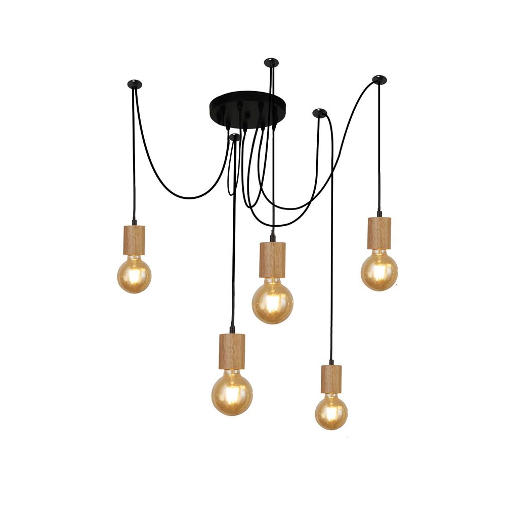 Product photograph of Spinny 5 Light Pendant Light In Wood And Matt Black from Furniture in Fashion