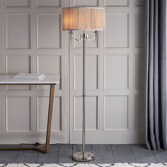 Product photograph of Stanford Floor Lamp In Nickel With Beige Shade from Furniture in Fashion