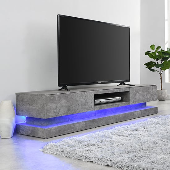 Read more about Step wooden tv stand in concrete effect with multi led lighting