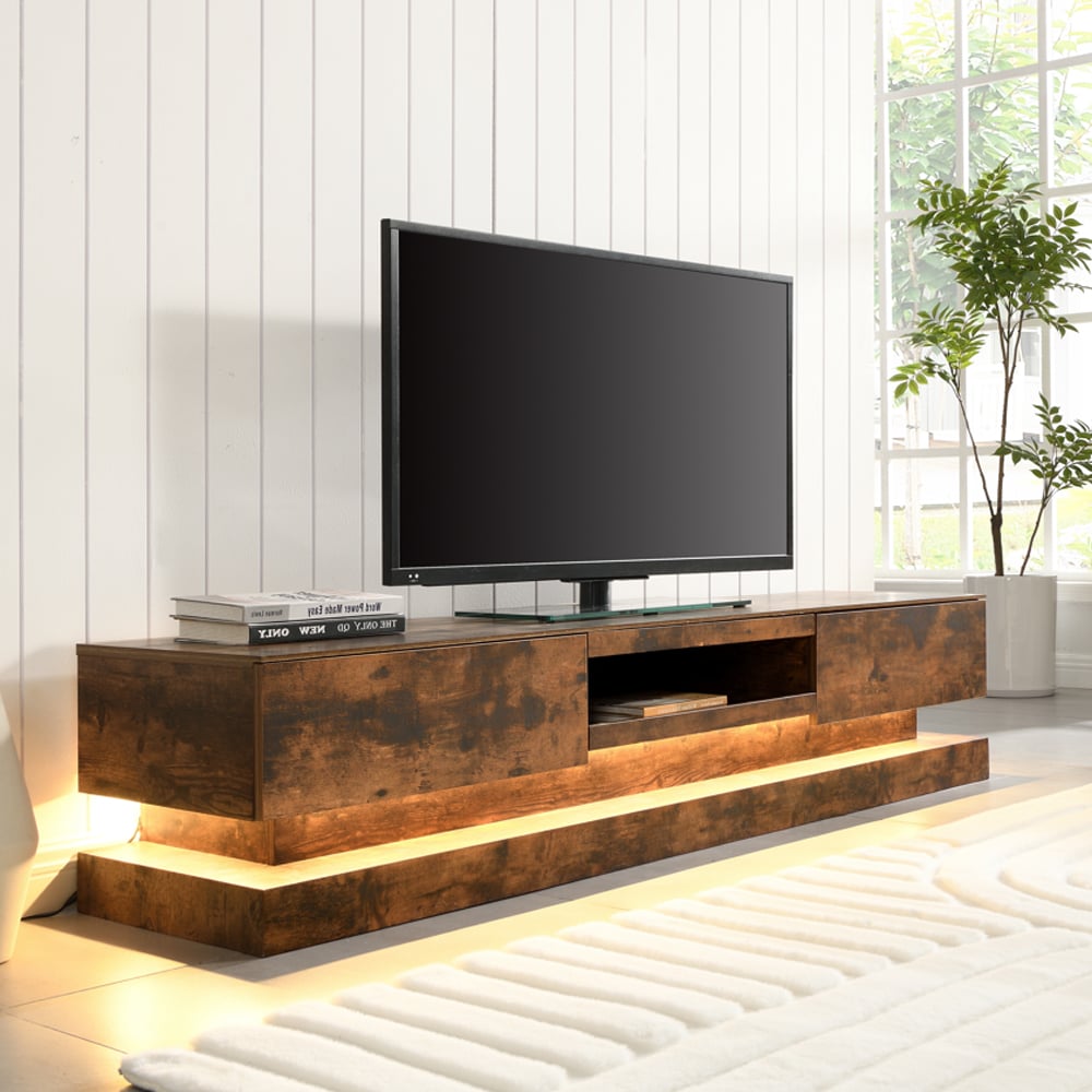 Product photograph of Step Wooden Tv Stand In Rustic Oak With Multi Led Lighting from Furniture in Fashion