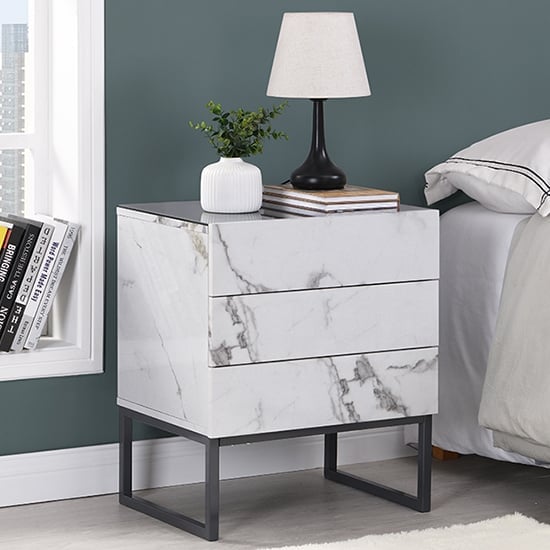 Read more about Strada gloss bedside cabinet and 3 drawer in diva marble effect