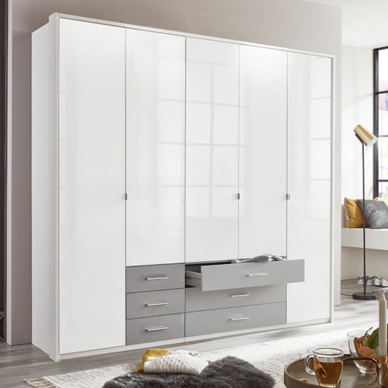 Read more about Sumatra wooden wardrobe in white high gloss and light grey