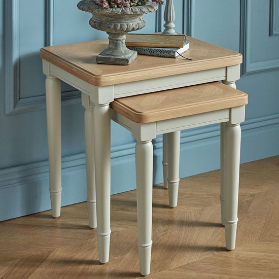 Photo of Sunburst wooden set of 2 nesting tables in grey and solid oak