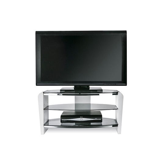 Read more about Finchley wooden tv stand in white wood with black glass