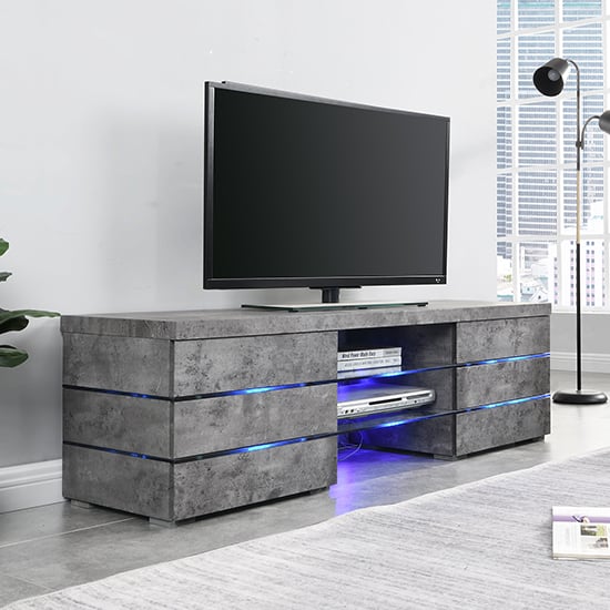 Read more about Svenja wooden tv stand in concrete effect with blue led lighting