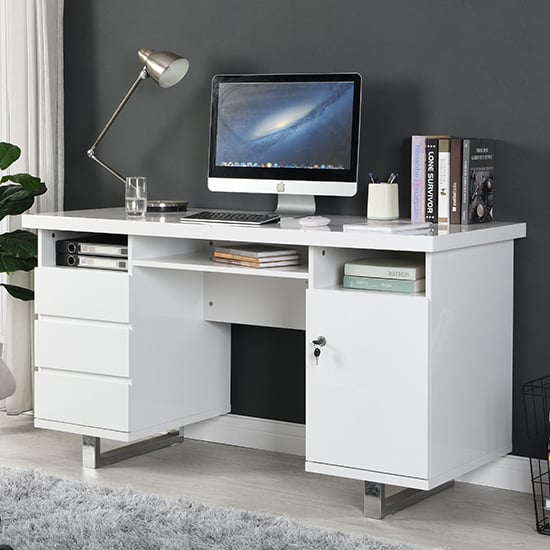 Read more about Sydney high gloss computer desk in white with 3 drawers