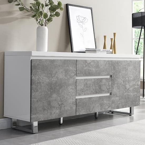 Product photograph of Sydney Large High Gloss Sideboard In White And Concrete Effect from Furniture in Fashion