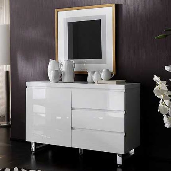 Product photograph of Sydney Small High Gloss Sideboard With 1 Door 3 Drawer In White from Furniture in Fashion