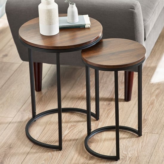 Product photograph of Tacita Round Wooden Nest Of Side Tables In Walnut from Furniture in Fashion