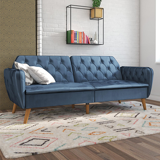 Product photograph of Taffy Vintage Memory Foam Velvet Futon Sofa Bed In Blue from Furniture in Fashion