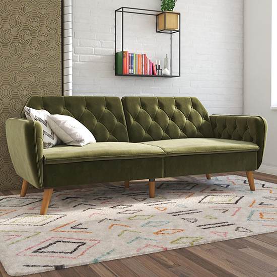 Product photograph of Taffy Vintage Memory Foam Velvet Futon Sofa Bed In Green from Furniture in Fashion