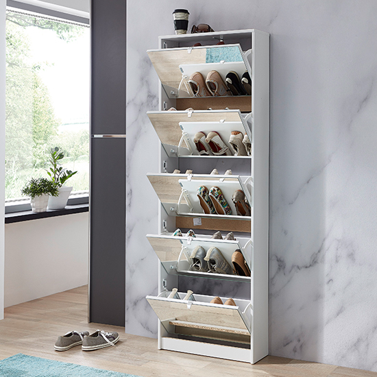 Tall Mirrored Shoe Storage Cabinet In White With Five Drawers ...