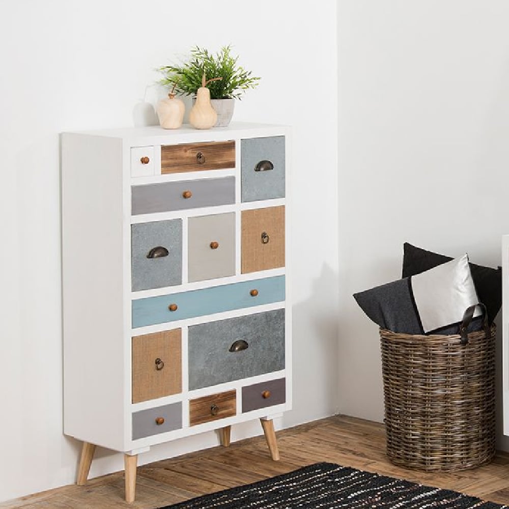 taos wooden chest of 13 drawers with oak legs in multicolour