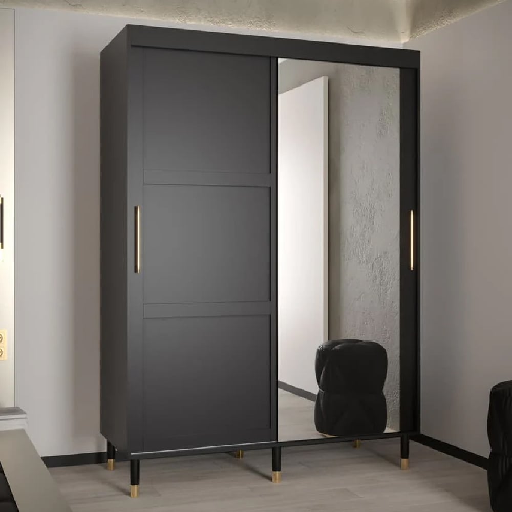 tarboro mirrored wardorbe 150cm with 2 sliding doors in black