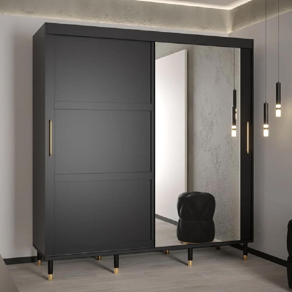 tarboro mirrored wardorbe 200cm with 2 sliding doors in black