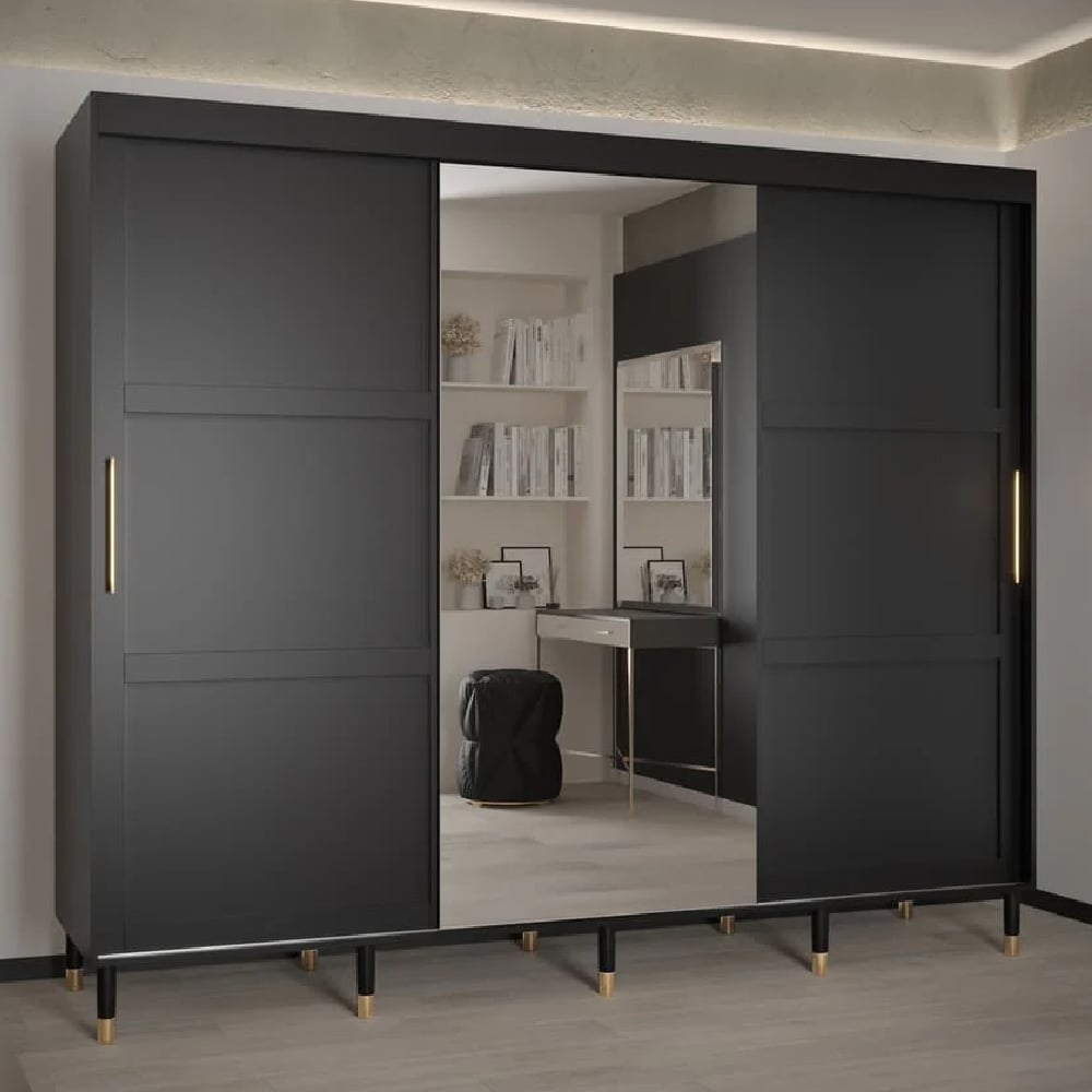 tarboro mirrored wardorbe 250cm with 3 sliding doors in black